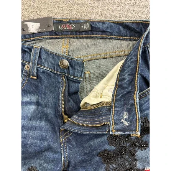 Lauren Ralph Lauren Jeans Women 00 Relaxed Taper Patchwork Blue Plaid Lace Denim